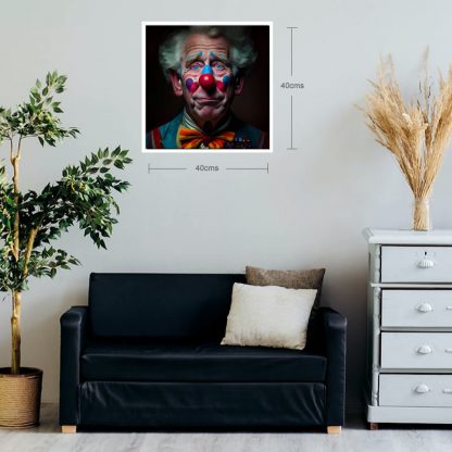 brilliant prints, King Charles III as a clown, limited art print for sale - shown in situ