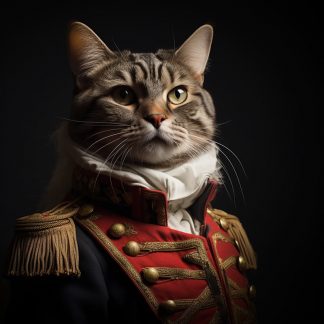 A limited edition fine art print portrait of a tabby cat dressed as Napoleon bonaparte