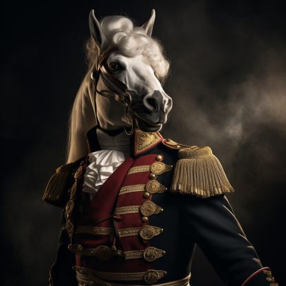 A limited edition fine art print portrait of a horse dressed as Napoleon bonaparte