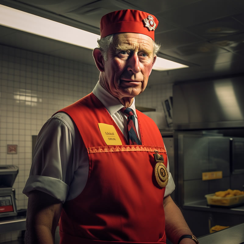 Brilliant Prints Famous People as Restaurant Workers, King Charles III