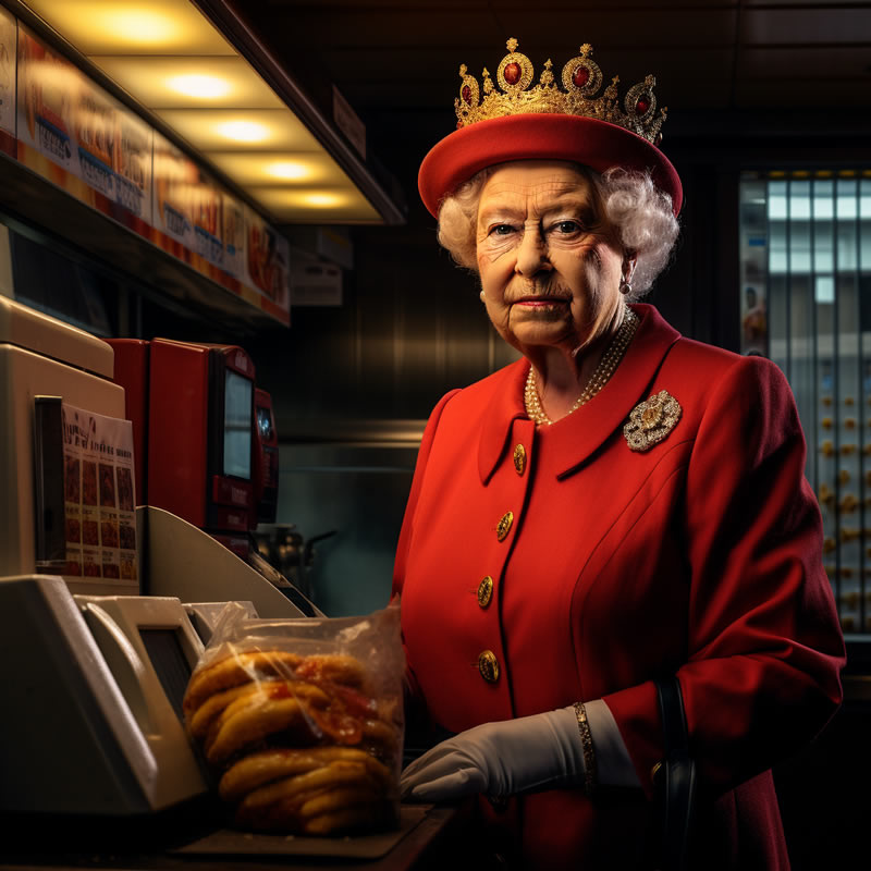 Brilliant Prints Famous People as Restaurant Workers, Queen Elizabeth II
