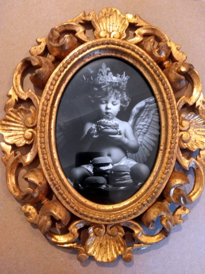 Brilliant prints Fast Food Cherub limited art print for sale - shown in vintage frame